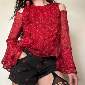 Red Paisley Bell Sleeve Blouse